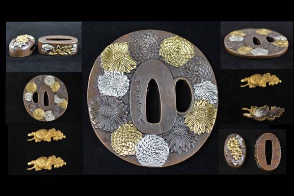 ◆海◆紫銅金銀鍍 刀鍔 縁頭 目貫 5點 刀装具 武具◆AS083◆