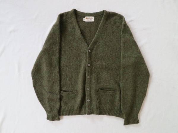 色◎60's モヘアニットカーディガンL カーキグリーン/ビンテージ