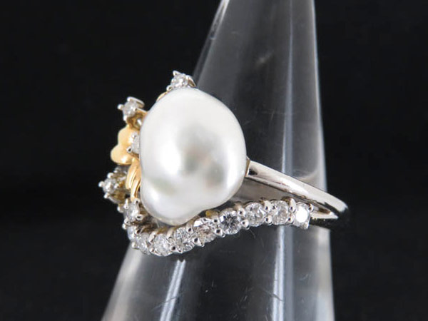 1円 K18YG×Ｐｔ900×パール×ダイヤモンド リング HG017