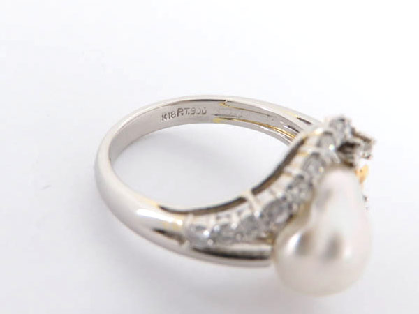 1円 K18YG×Ｐｔ900×パール×ダイヤモンド リング HG017