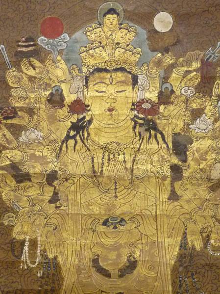 HR》江戸期 時代肉筆仏画「千手観世音菩薩聖像」紙本掛軸 古箱 ホビー