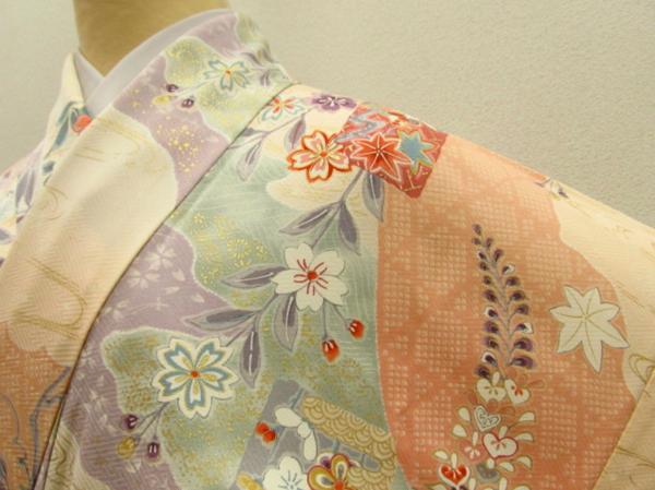 ★着物10★ 1円 絹 短冊に草花 袷小紋 ☆☆☆☆