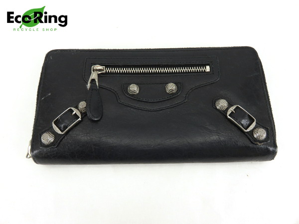 1円 バレンシアガ ラウンドファスナー レザー 長財布 黒 DP717