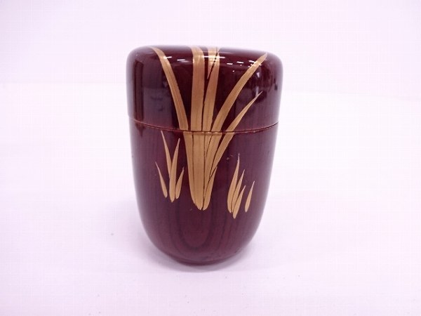 新井司峰作 共箱 茶道具 花菖蒲蒔絵 長棗 溜塗 漆器 木製 平棗