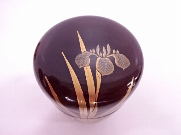 新井司峰作 共箱 茶道具 花菖蒲蒔絵 長棗 溜塗 漆器 木製 平棗