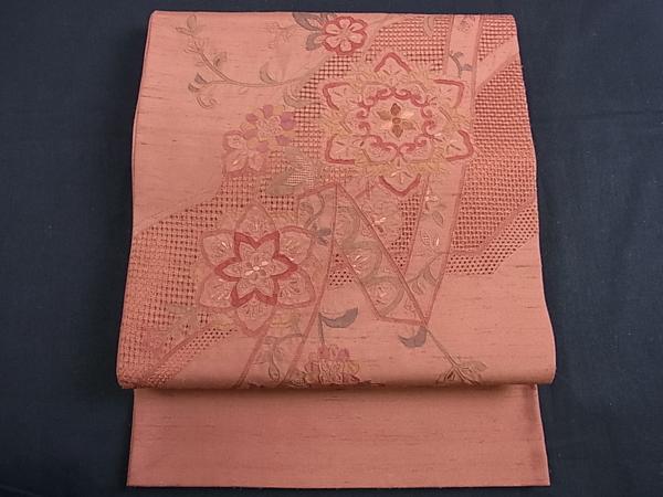 平和屋1□太鼓柄袋帯 紬地 総刺繍 スワトウ相良刺繍 舞花文 金糸 逸品