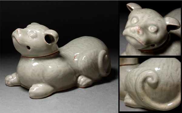 慶應◆中国明時代 龍泉窯七官青磁犬形香炉 秀逸茶道具 時代箱入