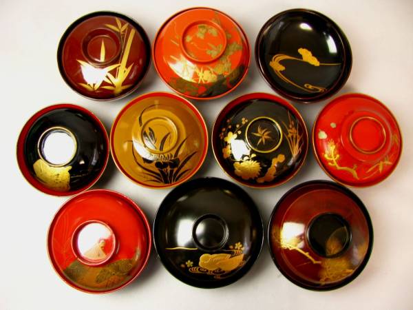 漆塗　漆器　吸物椀　10客　蒔絵　図変わり　骨董　アンティーク ☆蒔絵吸物椀図変わり10客☆大正木製漆器☆骨董☆No32 アンティーク