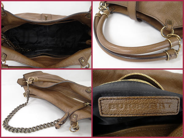 1円 本物 バーバリー ハンドバッグ レザー チェーン 茶系