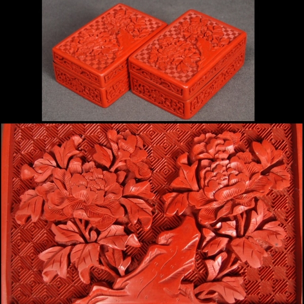 【金富士】木胎堆朱小箱一対　中国古玩時代唐物