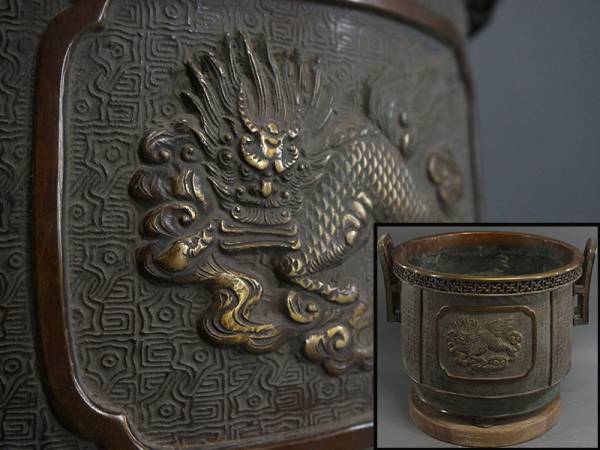 ●大日本文政年整珉鋳 宣徳銅獅子鳳凰図瓶掛火鉢● UQ17