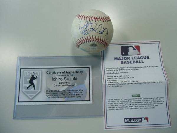MLB.2012HR王(ブライスハーパー実使用ボール)イチロー直筆サイン