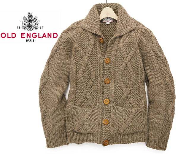 オールドイングランド 上質ウール アランニットカーディガン/茶