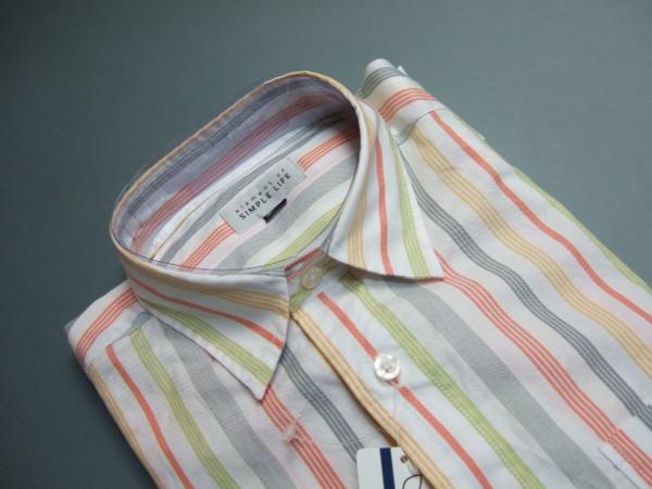 5106新品シンプルライフ ストライプ長袖シャツ L　橙系（8B715