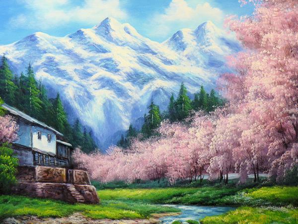 都屋】T.Nagahori 桜並木 F12号油絵 風景画