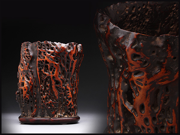 AP792 年代物 紫檀嵌自然木筆筒・自然樹榴筆筒☆中国古玩書道具