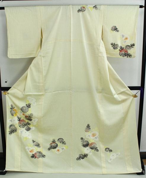 【一輝堂】H19849=付下げ 単衣 変りよろけ縞地紋 菊 身丈171