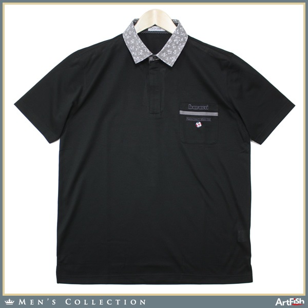 barassi 【伊】黒 花柄台襟 東レ清涼ZIP ポロシャツg659*s48新品