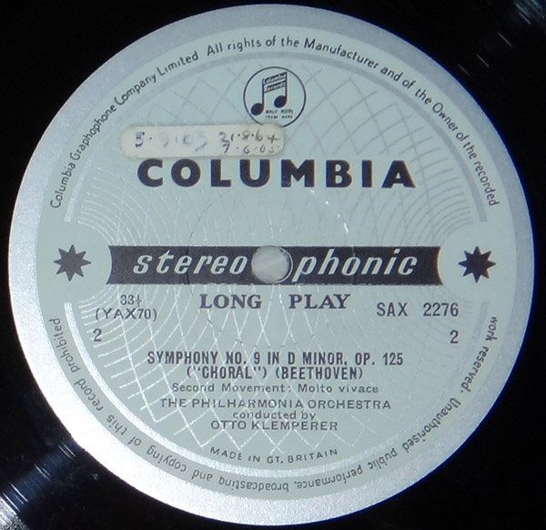 クレンペラー ベートーヴェン 英Columbia SAX2276⁄7 第九 レコード
