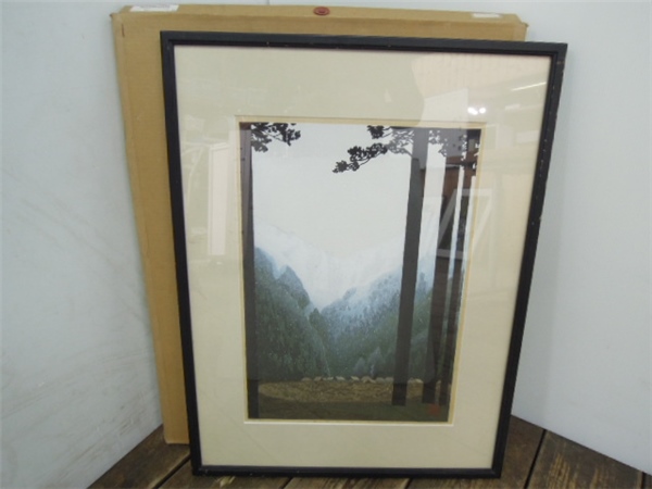 E1091 佐野せいじ 木版画 「冬の北山」 シリアルナンバー入り