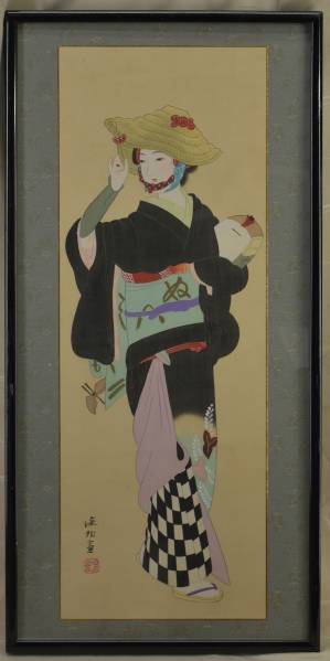 伊東深水◇鳥追◇絹本◇共シール◇額装