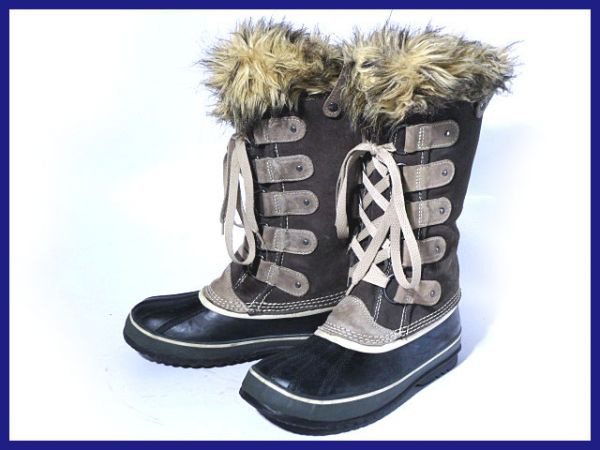 美品★ソレル★暖かファー付き♪暖かスノーブーツ25.0暗灰◆@T27