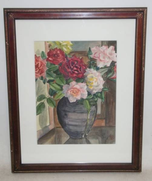 〓藤田嗣治　花の静物画　肉筆　印章あり〓