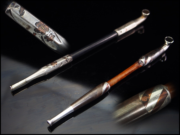 【治】花紋銀製銅象嵌煙管・銅製銀象嵌煙管☆喫煙具 二本組 KS46