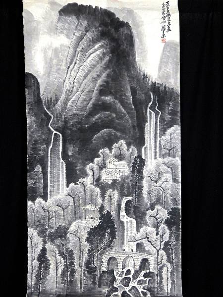 大幅　李可染 拍売会購入　山水　中国古画捲り 肉筆保証　掛軸