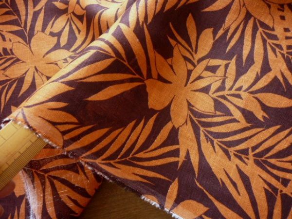 布地ws*計10m♪ハワイアン柄麻100%/茶オレンジ