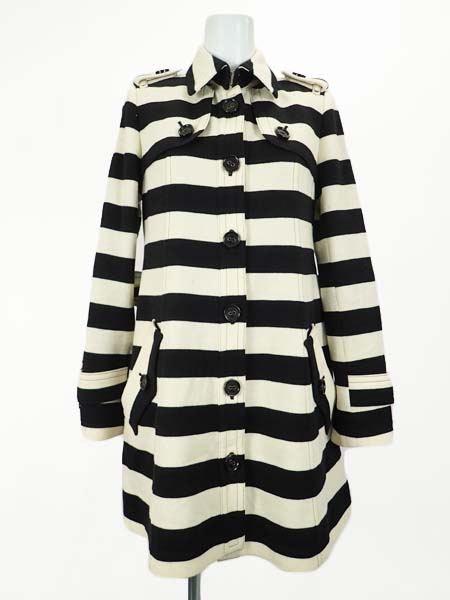 ★バーバリーブルーレーベル ボーダーAラインコート 白×黒 38