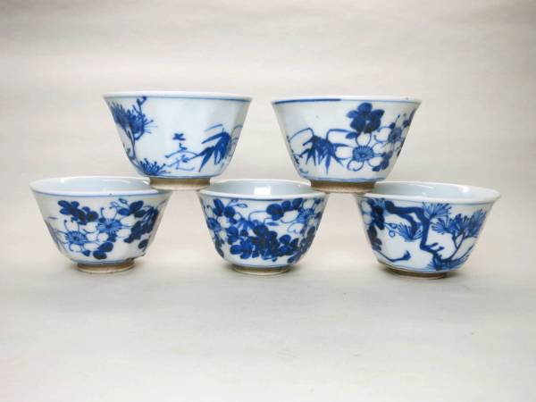 京焼 名工 清水七兵衛 造 在銘 染付煎茶碗 二客 煎茶道具 時代物 骨董 美品 七兵衛造 染付「松竹桜」面取煎茶碗5客揃い 良品 煎茶道具