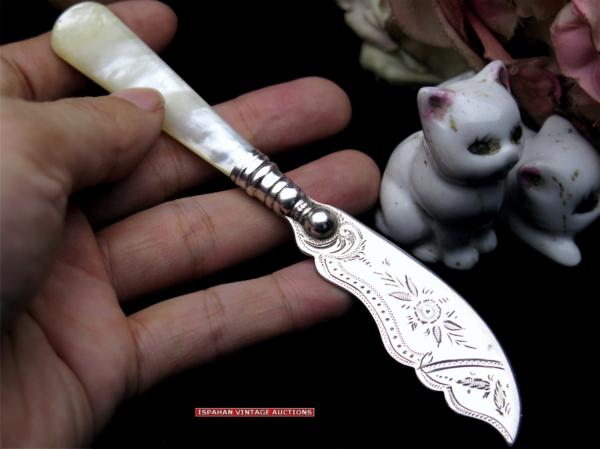925 純銀 白蝶貝 SILVER 英国アンティーク真珠 バターナイフ 925純銀