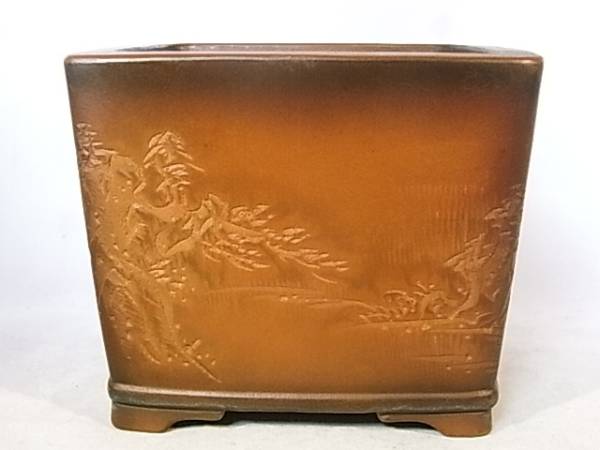 芸術の美【常滑・美芸】ミガキ釘彫山水漢詩文図正方鉢・巾11.5cm