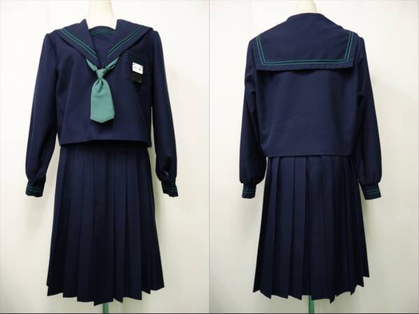 355◆緑2本ライン 横ZIP 冬用セーラー上下 W69 名札・スカーフ◆