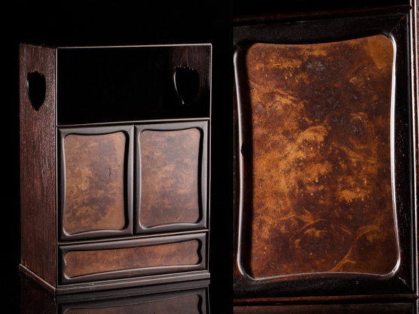 【琴》煎茶道具 時代古唐木造玉杢細工煎茶器局 時代品 AO809