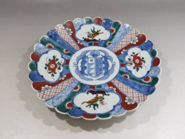 ☆古九谷 菊花色絵皿 エンブレム文 輸出品 江戸後期～明治期☆