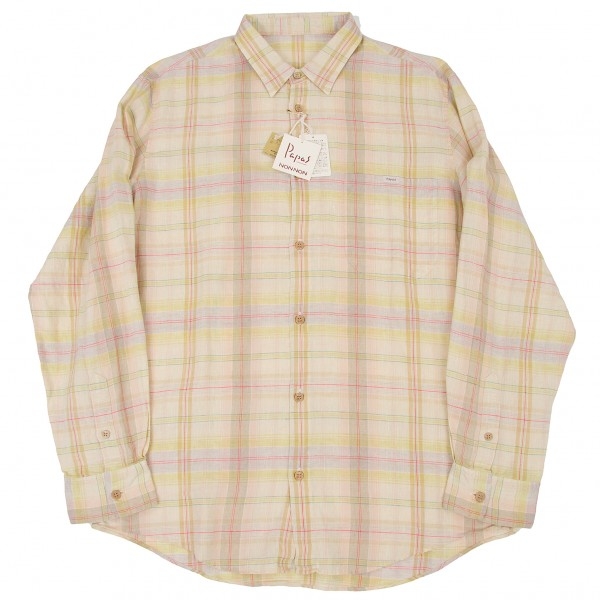 パパスPAPAS チェックリネンシャツ 生成りM