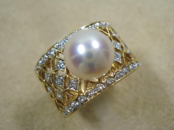 K18 8mm アコヤ真珠 ダイヤ ミル打ち 透かし彫 リング 11号 0.25