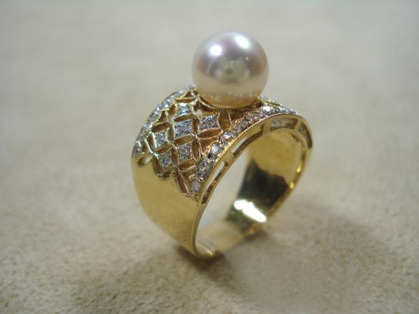 K18 8mm アコヤ真珠 ダイヤ ミル打ち 透かし彫 リング 11号 0.25