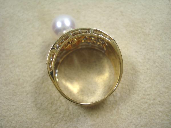 K18 8mm アコヤ真珠 ダイヤ ミル打ち 透かし彫 リング 11号 0.25