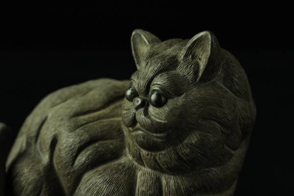 櫻】中国美術 朱泥 極上細密造 猫置物 在印 時代古玩 .se 仁『銅製・鼻