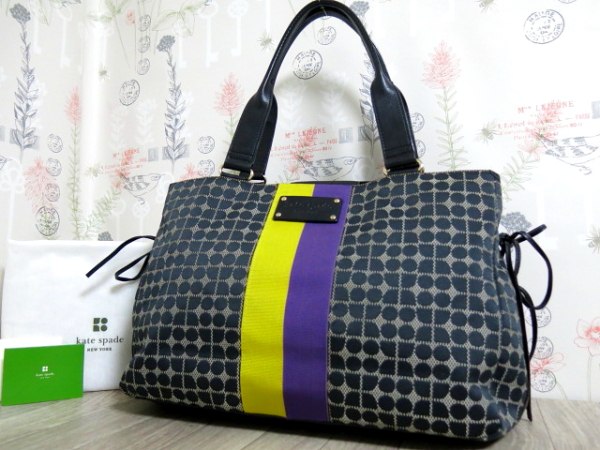 ☆ ケイトスペード キャンバス レザー トート バッグ 黒 黄色 紫