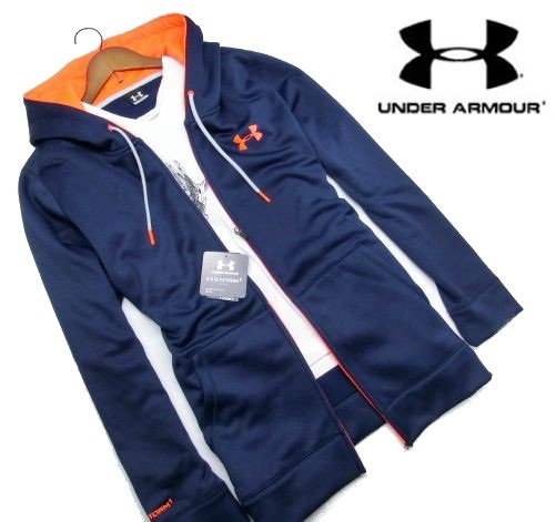 ※621新品 アンダーアーマー 裏起毛 BIGロゴ パーカ 紺 L