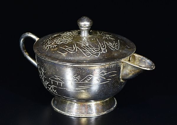 金工[楼閣山水彫銀色水差]銀仕上げ/急須茶瓶茶器/茶道具◎AA0903 |