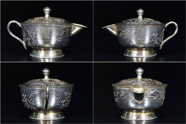 金工[楼閣山水彫銀色水差]銀仕上げ/急須茶瓶茶器/茶道具◎AA0903 |