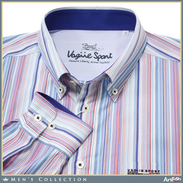 16SS VAGIIE ◆日本製 ブルー系ストライプ ボタンダウン 長袖 シャツa203*s50新品