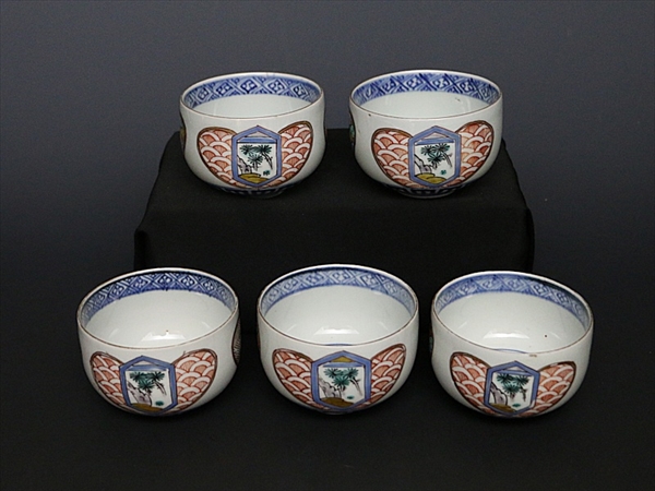 杜】 伊万里 色絵 繭玉に割絵松竹梅図 りん茶碗 5客 WN133-T16 色絵
