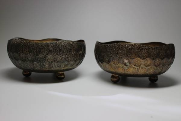 時代煎茶道具・武久作　いぶし銀製建水2点・菓子器・・2点490ｇ・・時代保証・☆湯沸鉄瓶煎茶道具香炉中国古玩