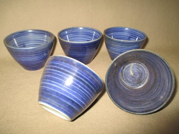 ★古伊万里【染付総輪線文様　蕎麦猪口五客揃　角福】江戸期無傷完品★